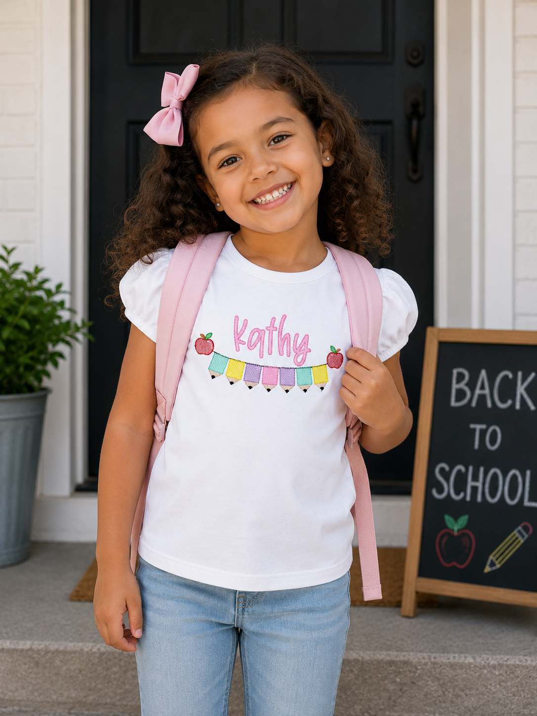 Girls Embroidered Pencil and Apple School Shirt
