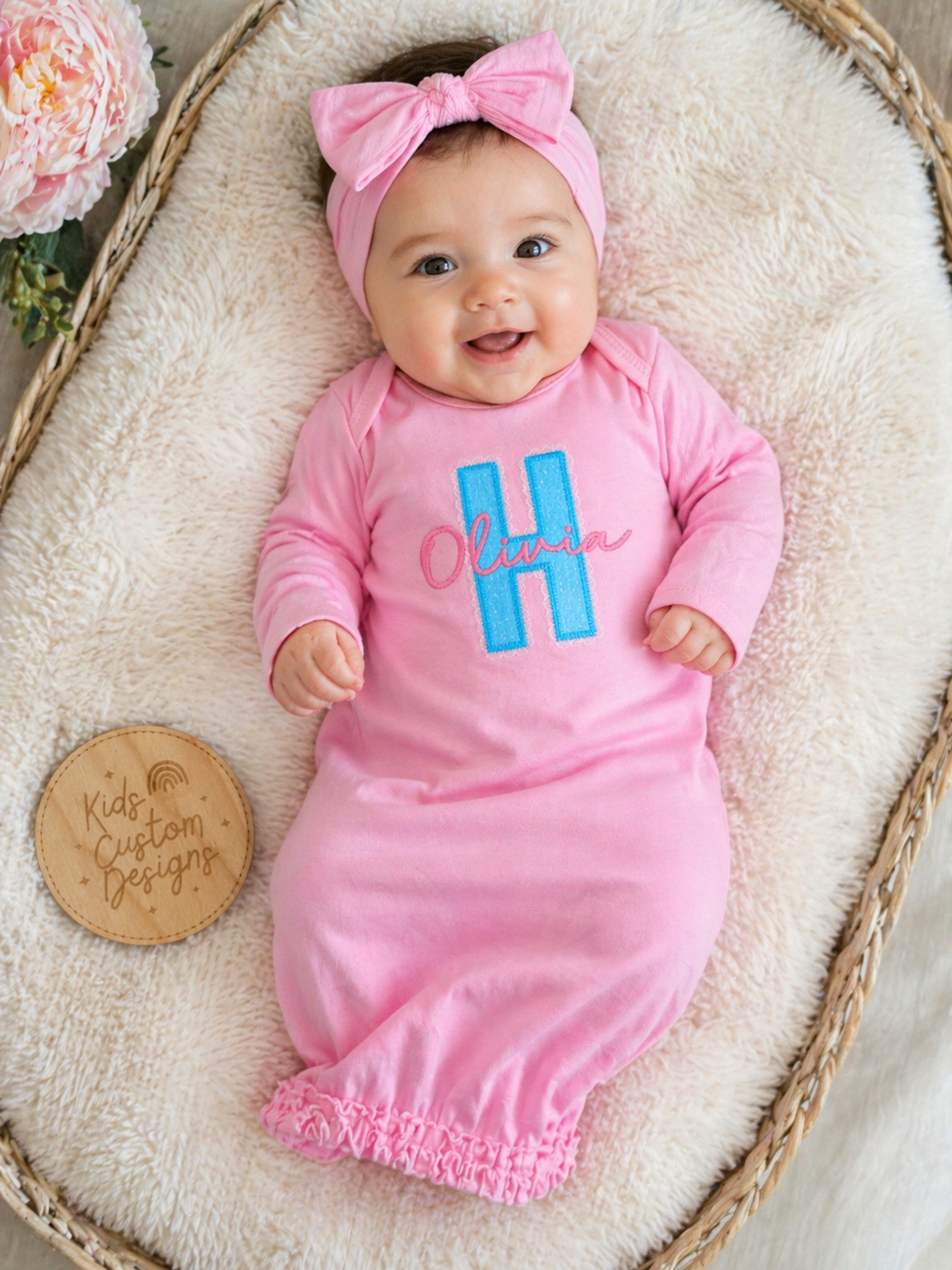 Embroidered Lace Monogram Baby Gown