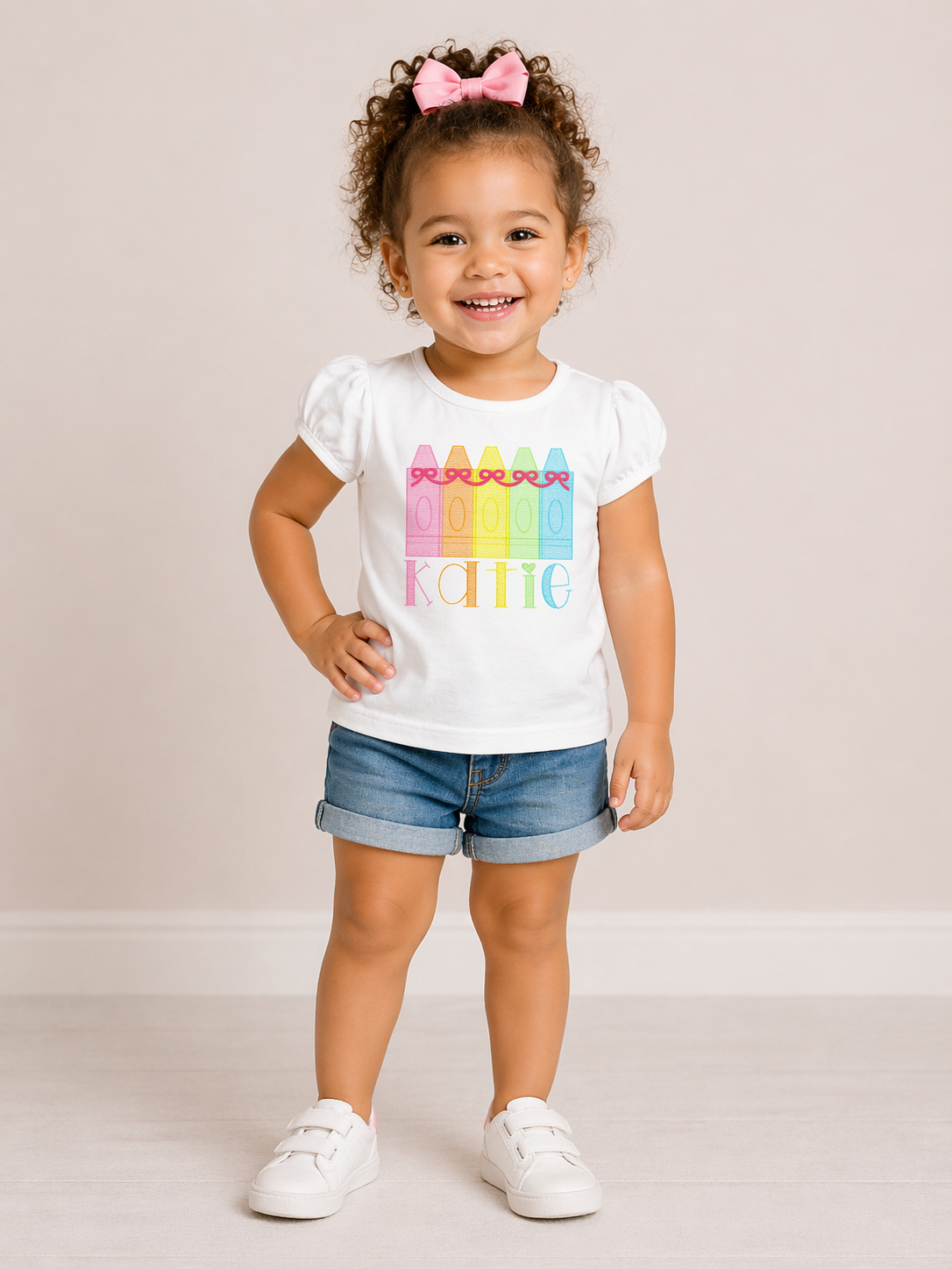 Girls Rainbow Crayon Bow Shirt