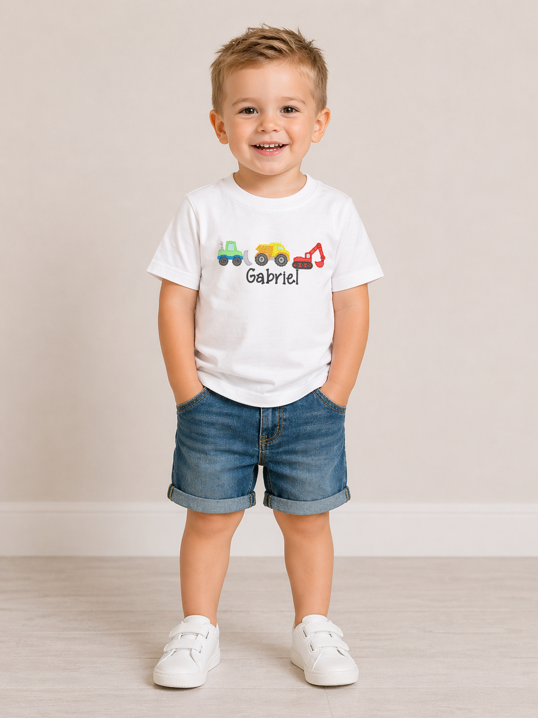 Boys Construction Trucks Embroidered Shirt