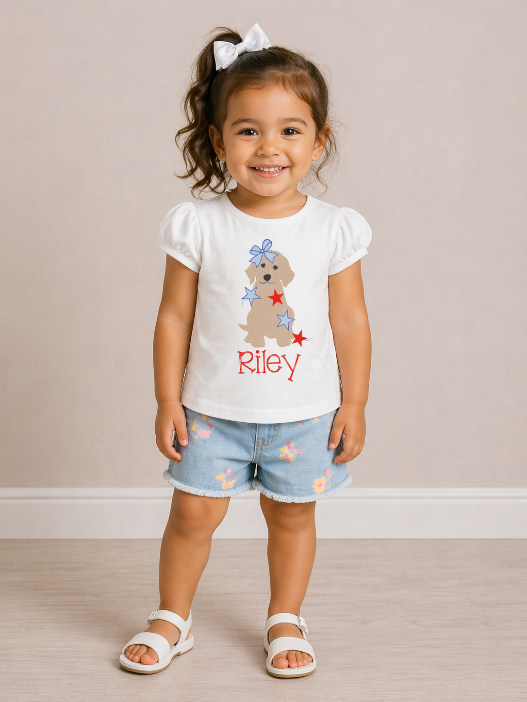 Girls 4th of July Dog Embroidered Shirt