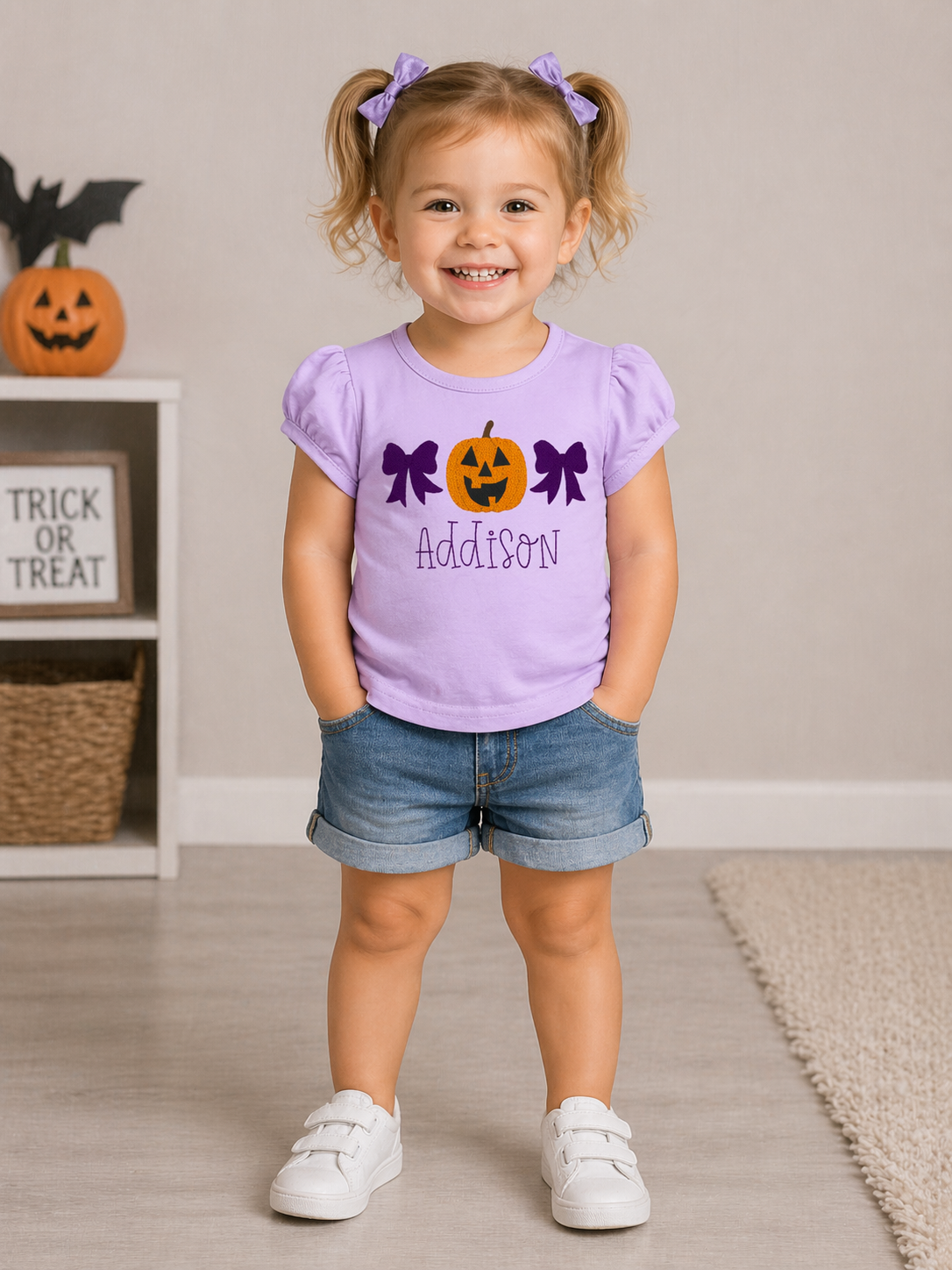 Girls Halloween Pumpkin Bows Embroidered Shirt