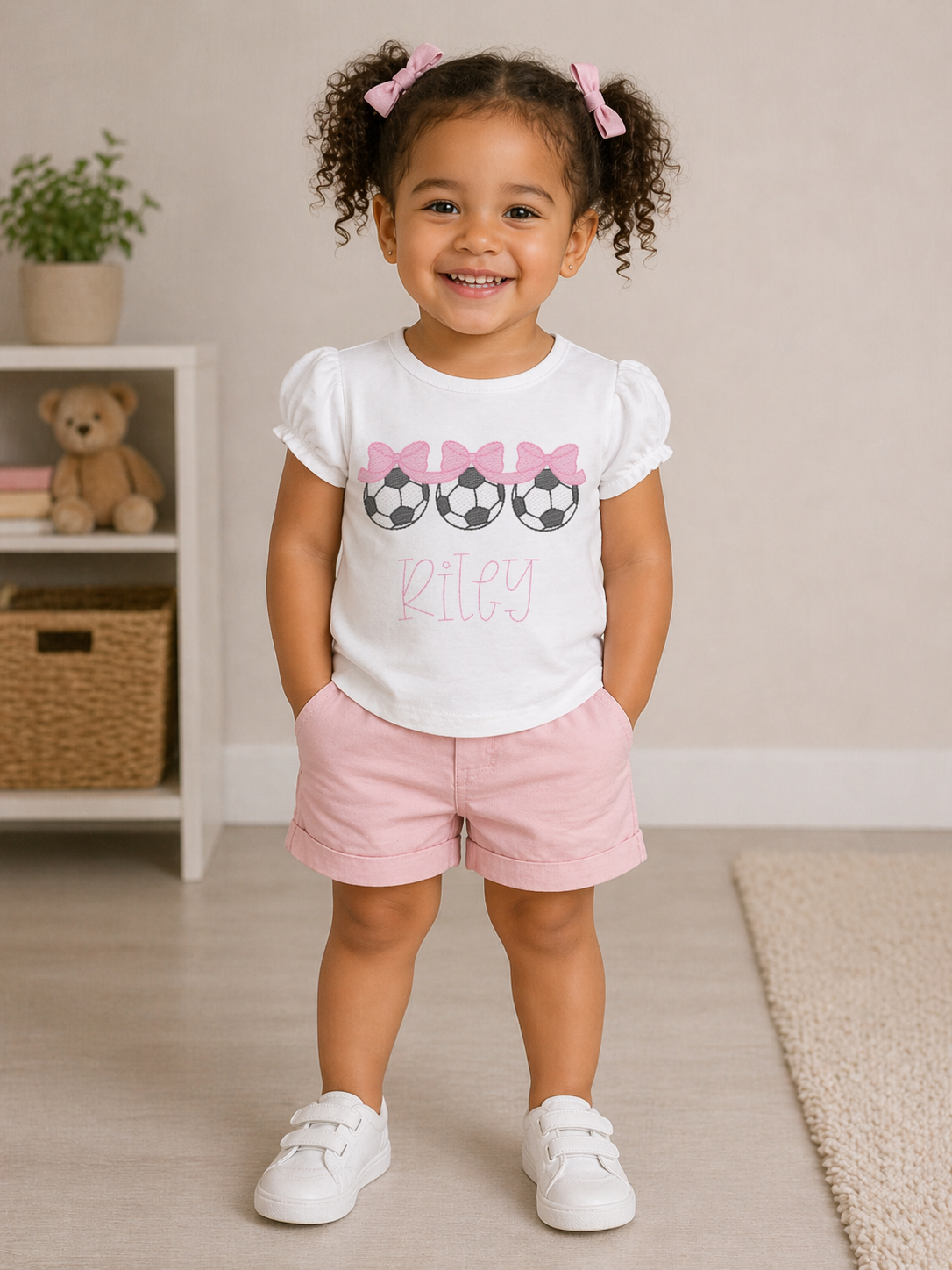 Girls Soccer Bows Embroidered Shirt