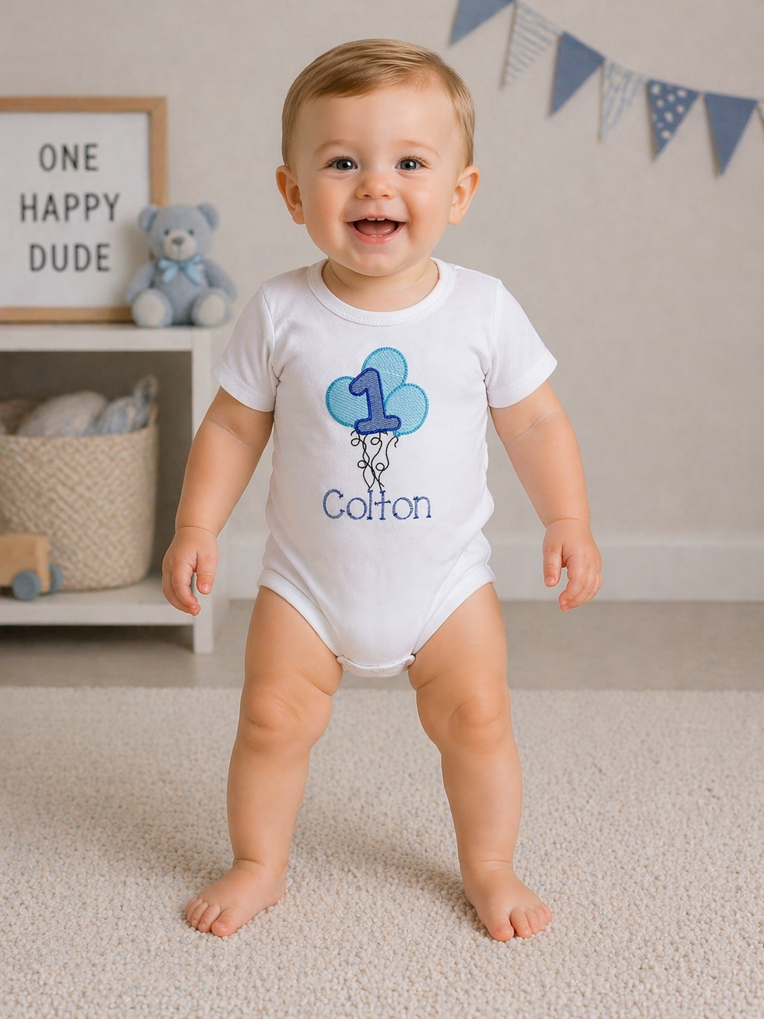 Boys 1st Birthday Balloons Embroidered Bodysuit