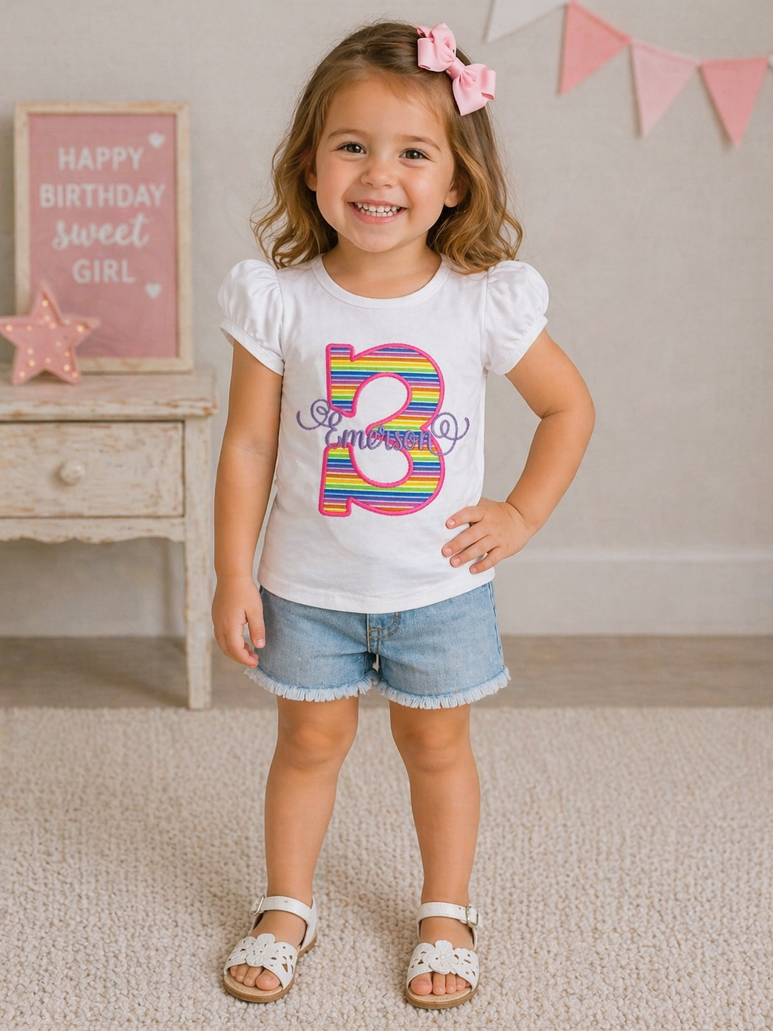 Girls 3rd Birthday Rainbow Embroidered Shirt