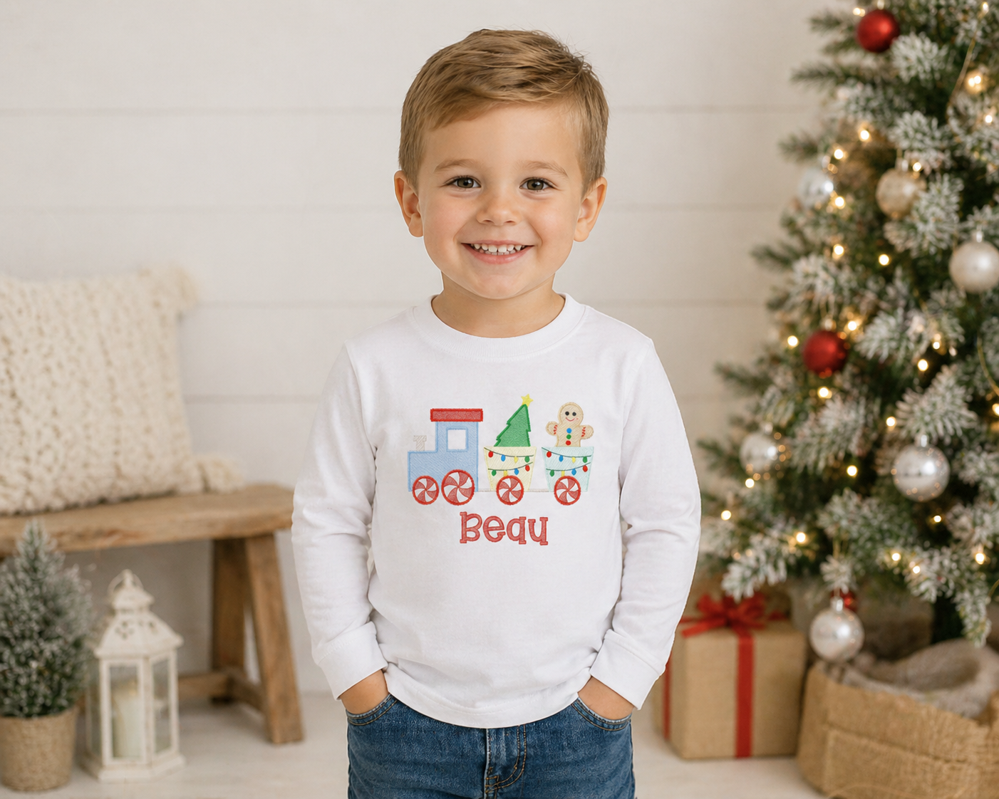 Boys Christmas Train Embroidered Shirt