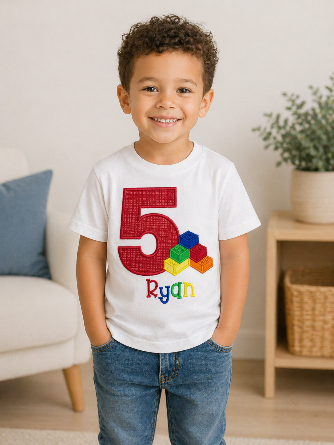 Boys 5th Birthday Blocks Embroidered Shirt