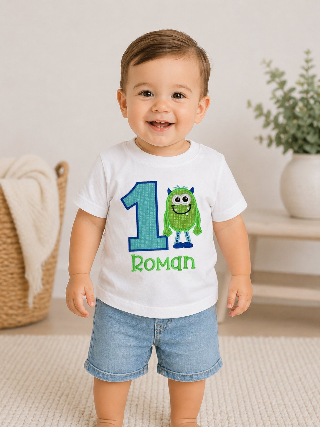 Boys 1st Birthday Monster Embroidered Shirt