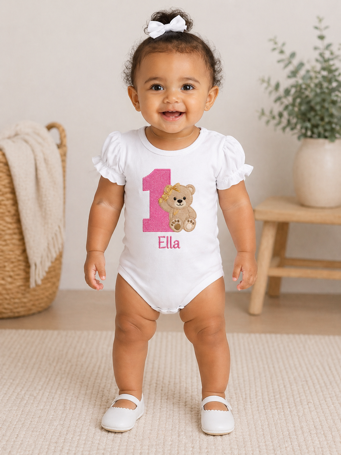 Girls 1st Birthday Bear Ruffle Embroidered Bodysuit