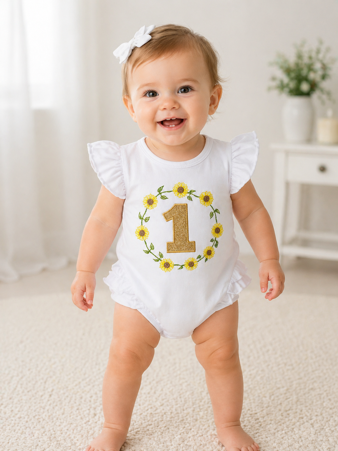 Girls Embroidered 1st Birthday Flowers Ruffle Bum  Bubble