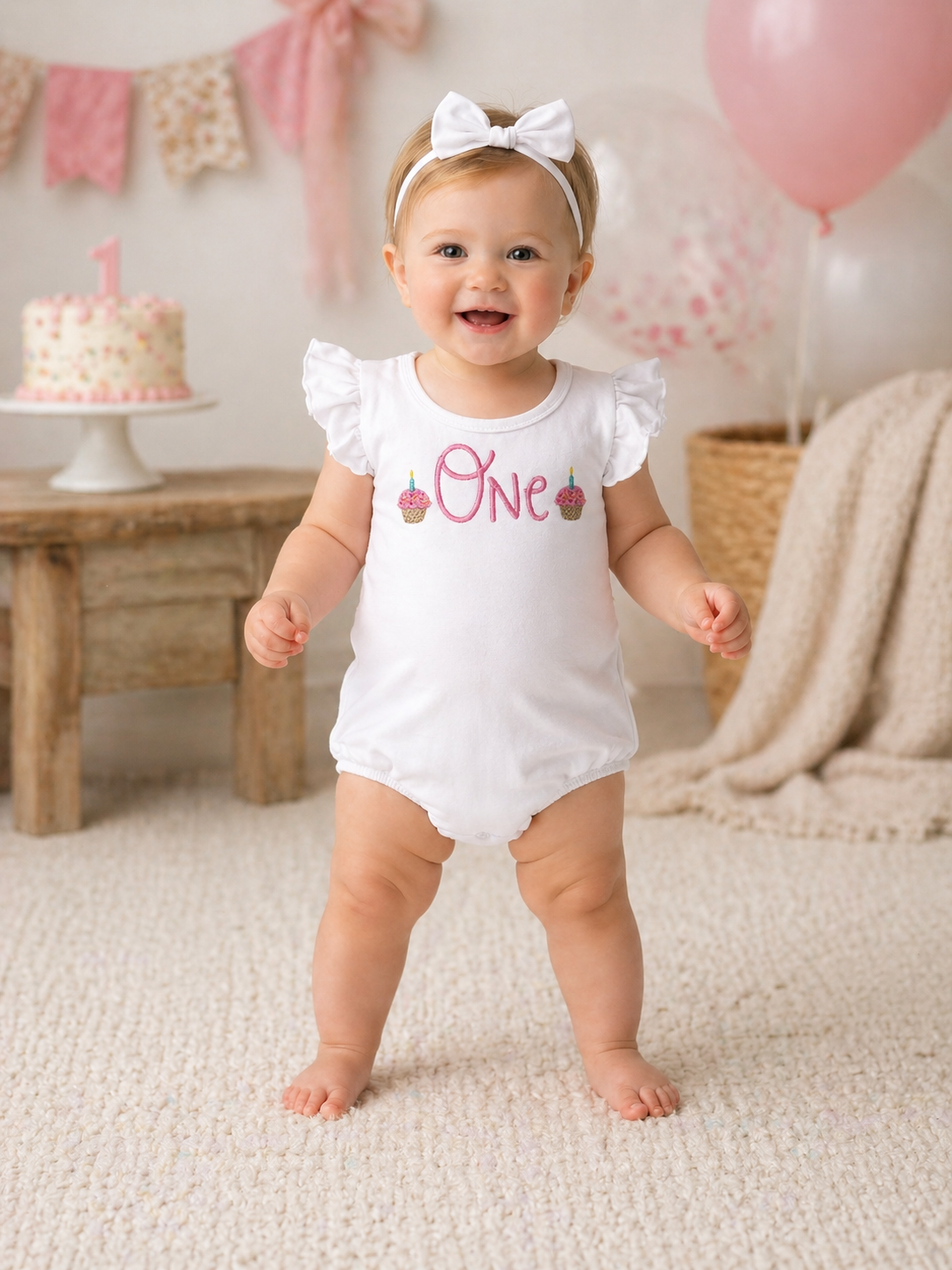 Girls 1st Birthday Cupcakes Ruffle Bum Embroidered Bodysuit