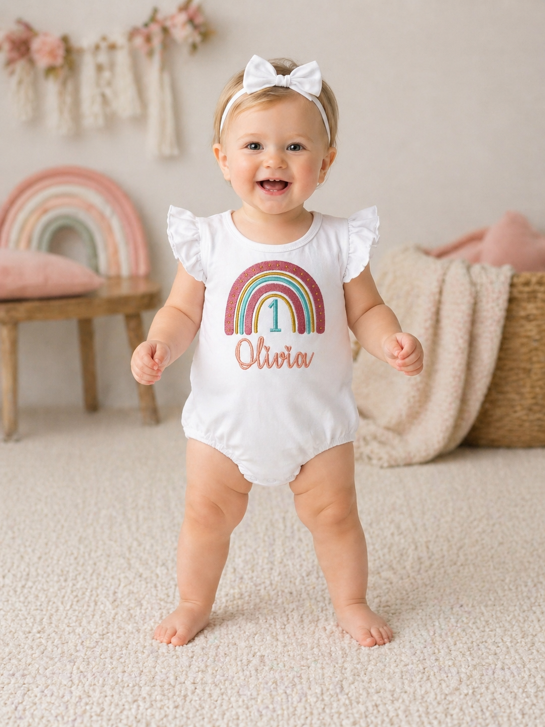 Girls 1st Birthday Embroidered Rainbow Ruffle Bum Bubble