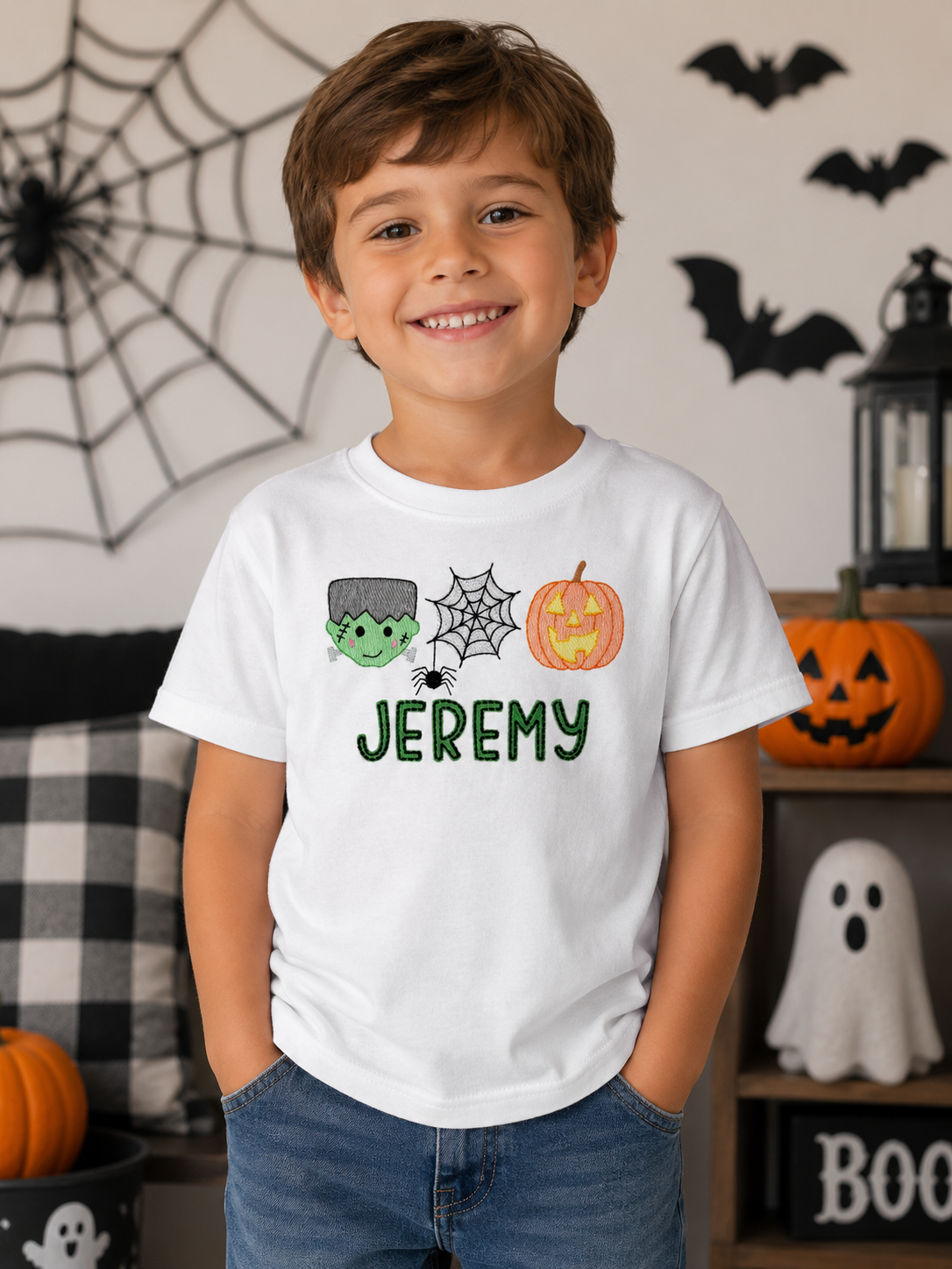 Boys Halloween Trio Sketch Shirt Frankenstein Spider Pumpkin