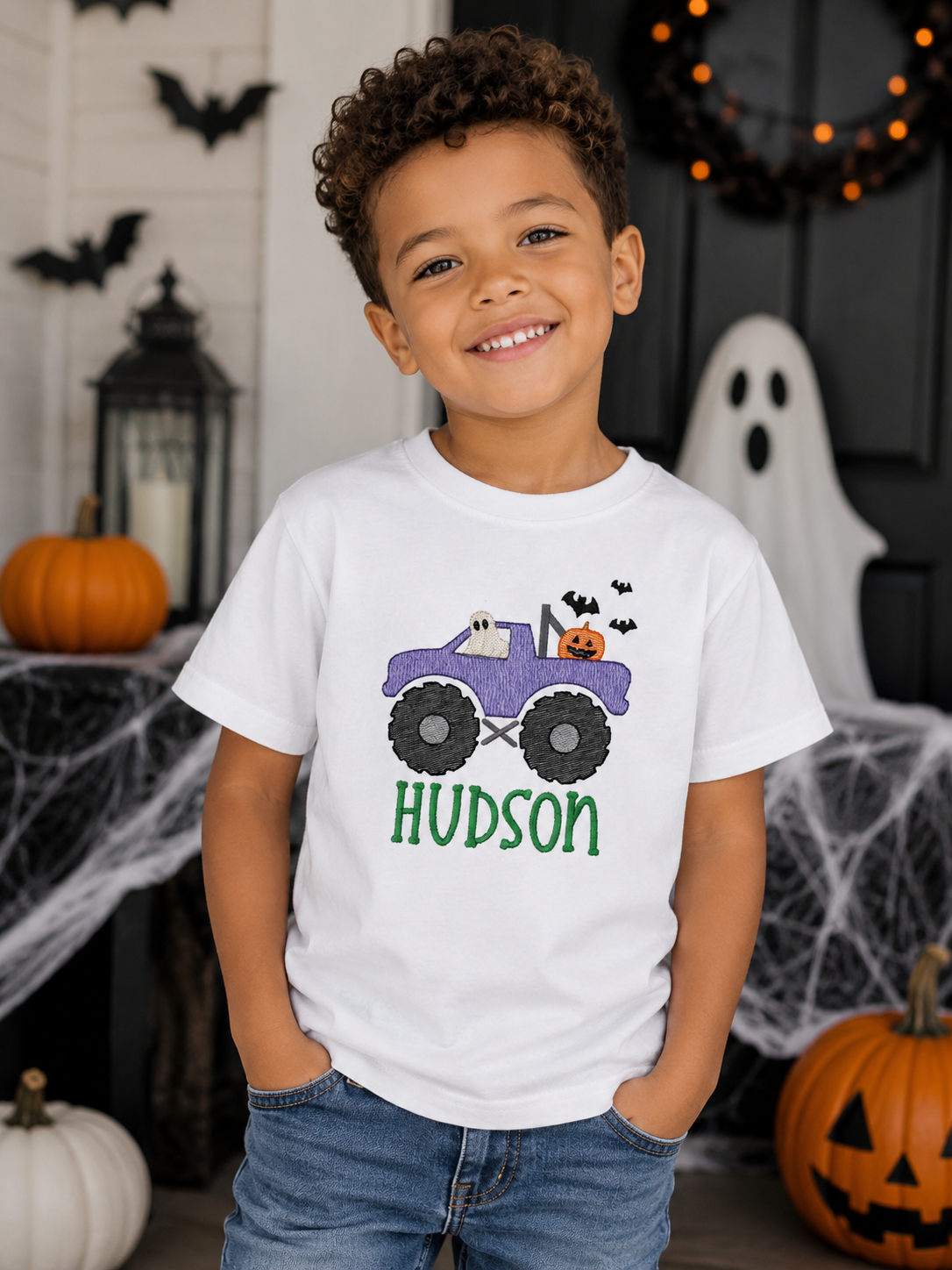 Boys Halloween Monster Truck Embroidered Shirt