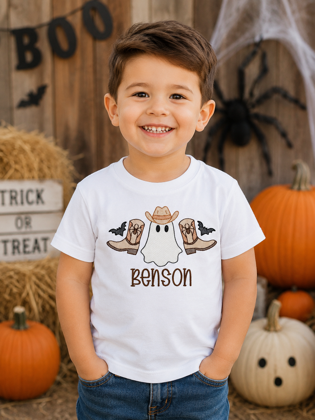 Boys Cowboy Ghost Halloween Embroidered Shirt