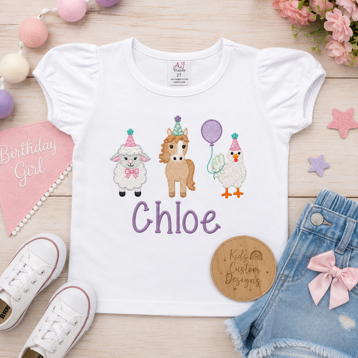 Girls Barnyard Farm Animals Horse Sheep Duck Embroidered Birthday Shirt