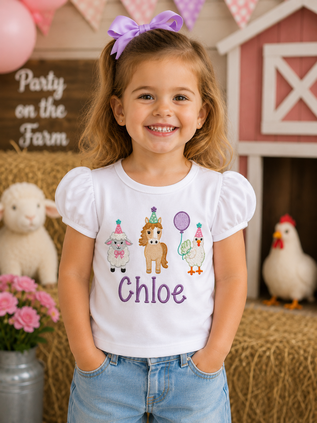 Girls Barnyard Farm Animals Horse Sheep Duck Embroidered Birthday Shirt