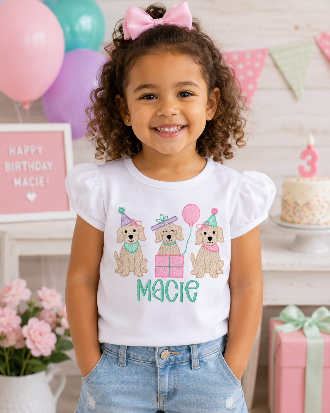 Girls Birthday Dogs Puppy Embroidered Shirt