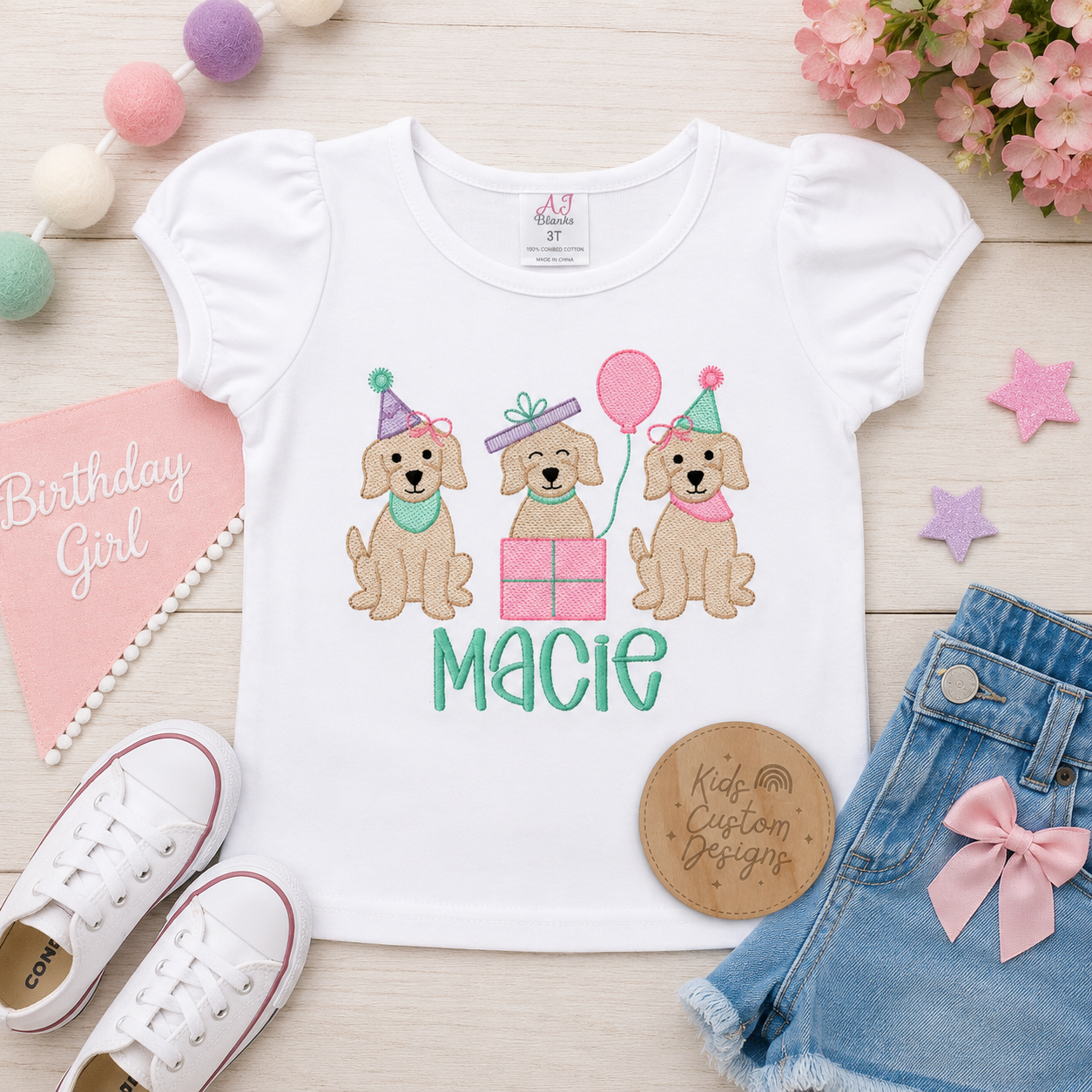 Girls Birthday Dogs Puppy Embroidered Shirt