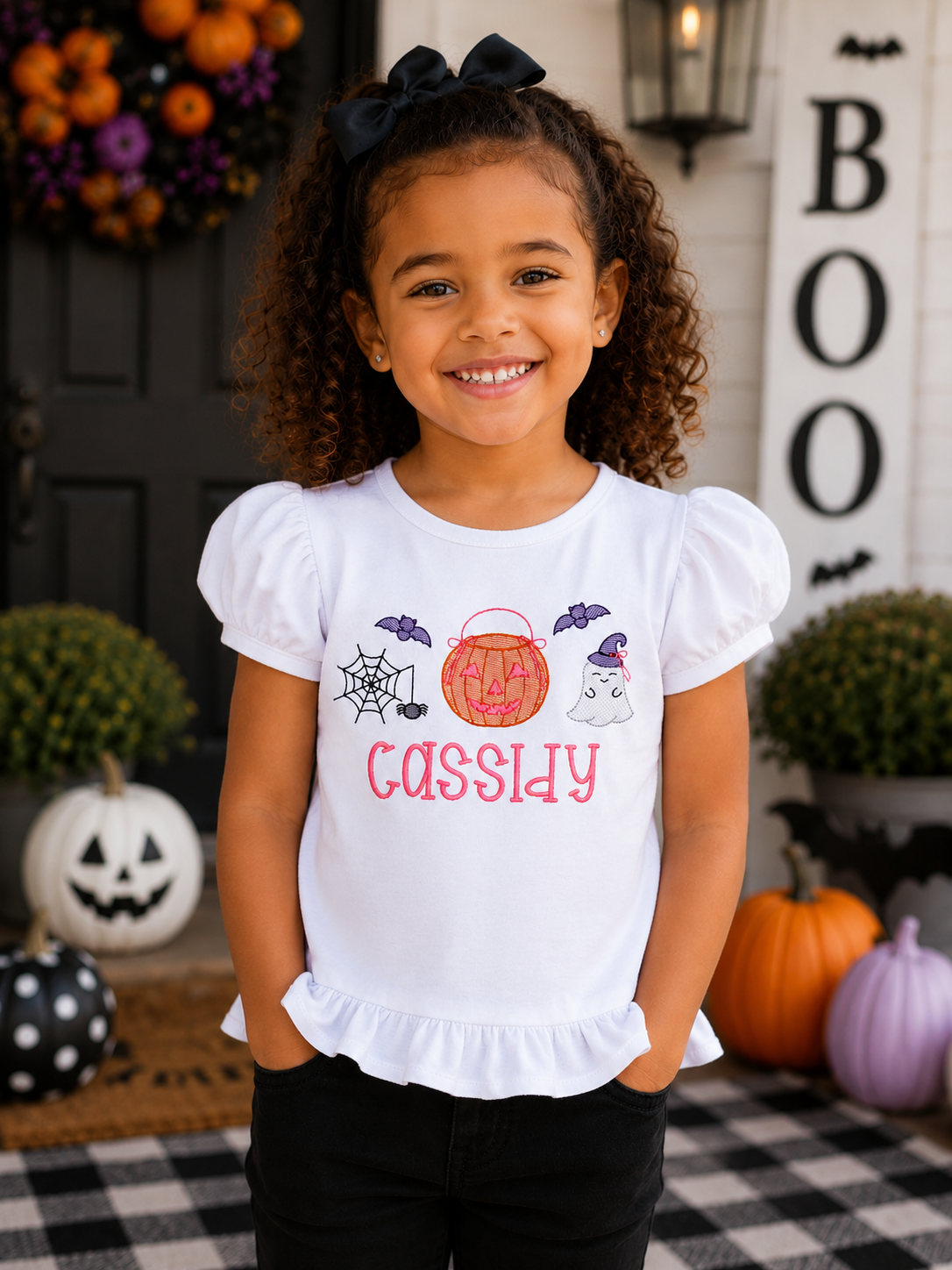 Girls Halloween Trio Spider Ghost Pumpkin Embroidered Shirt