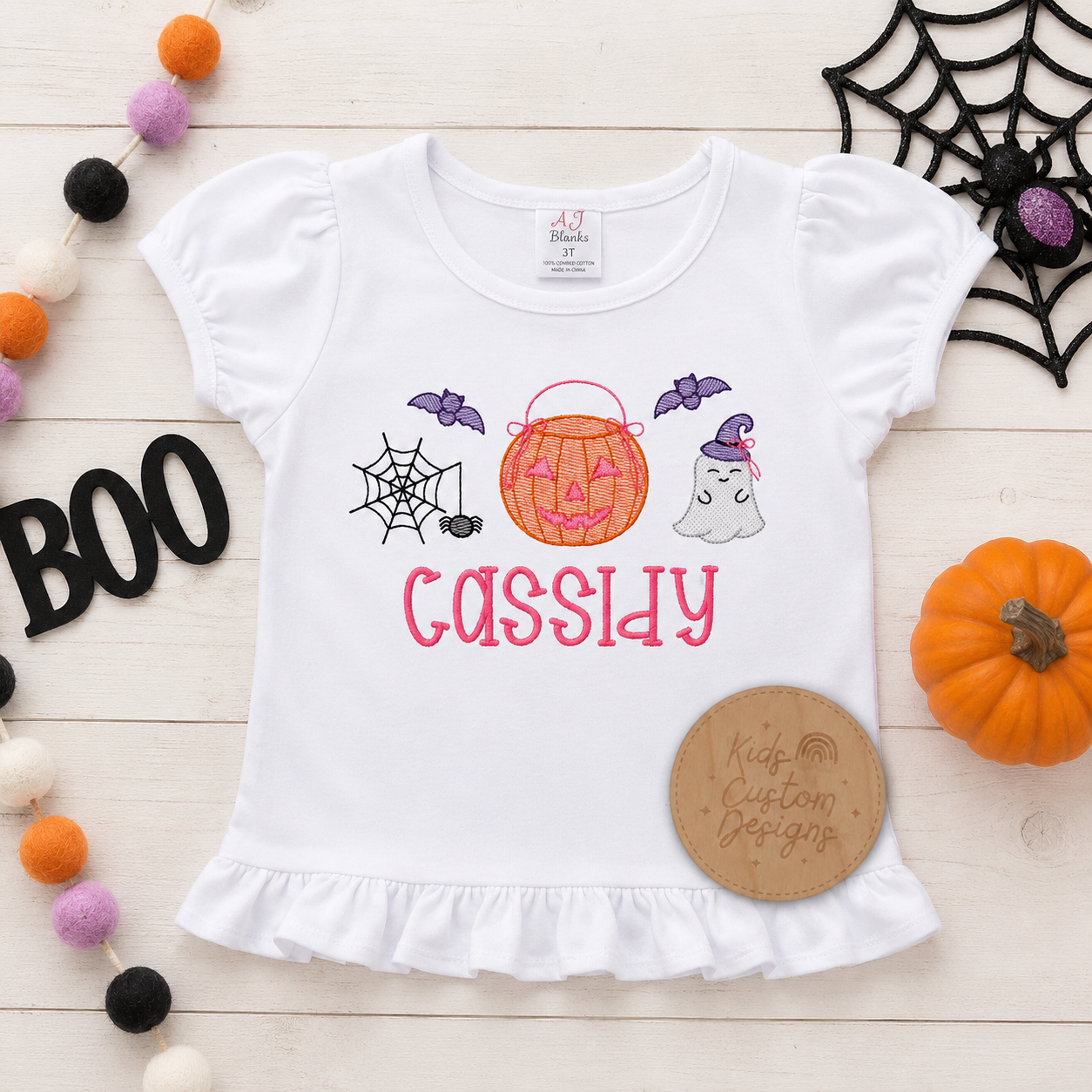 Girls Halloween Trio Spider Ghost Pumpkin Embroidered Shirt