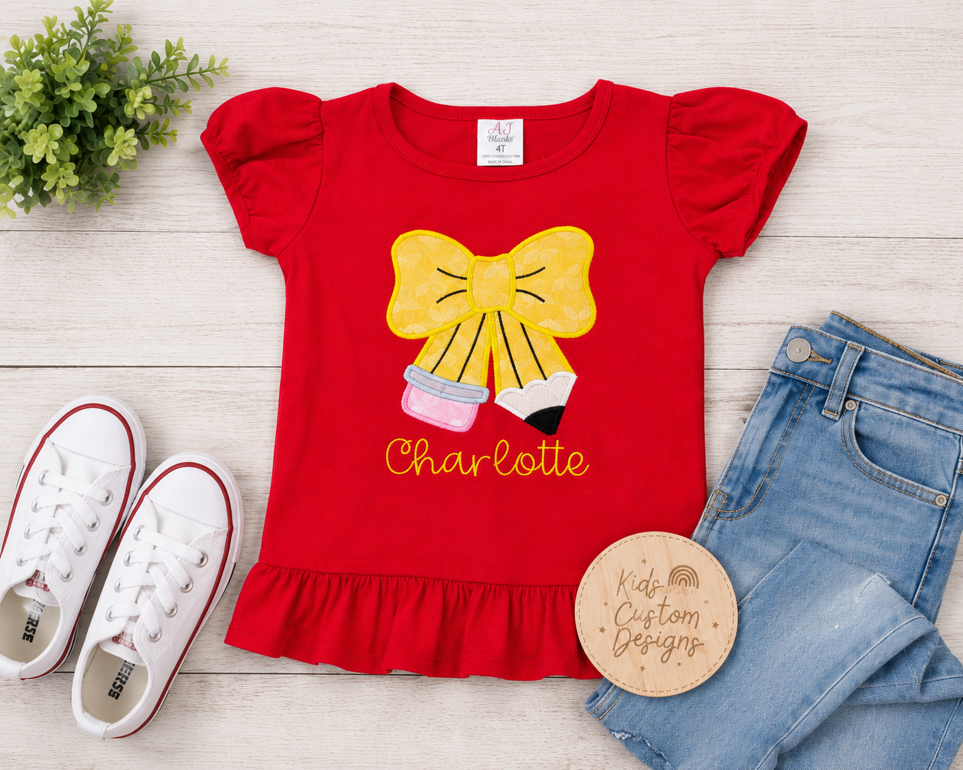 Girls Embroidered Pencil Bow Back to School Shirt