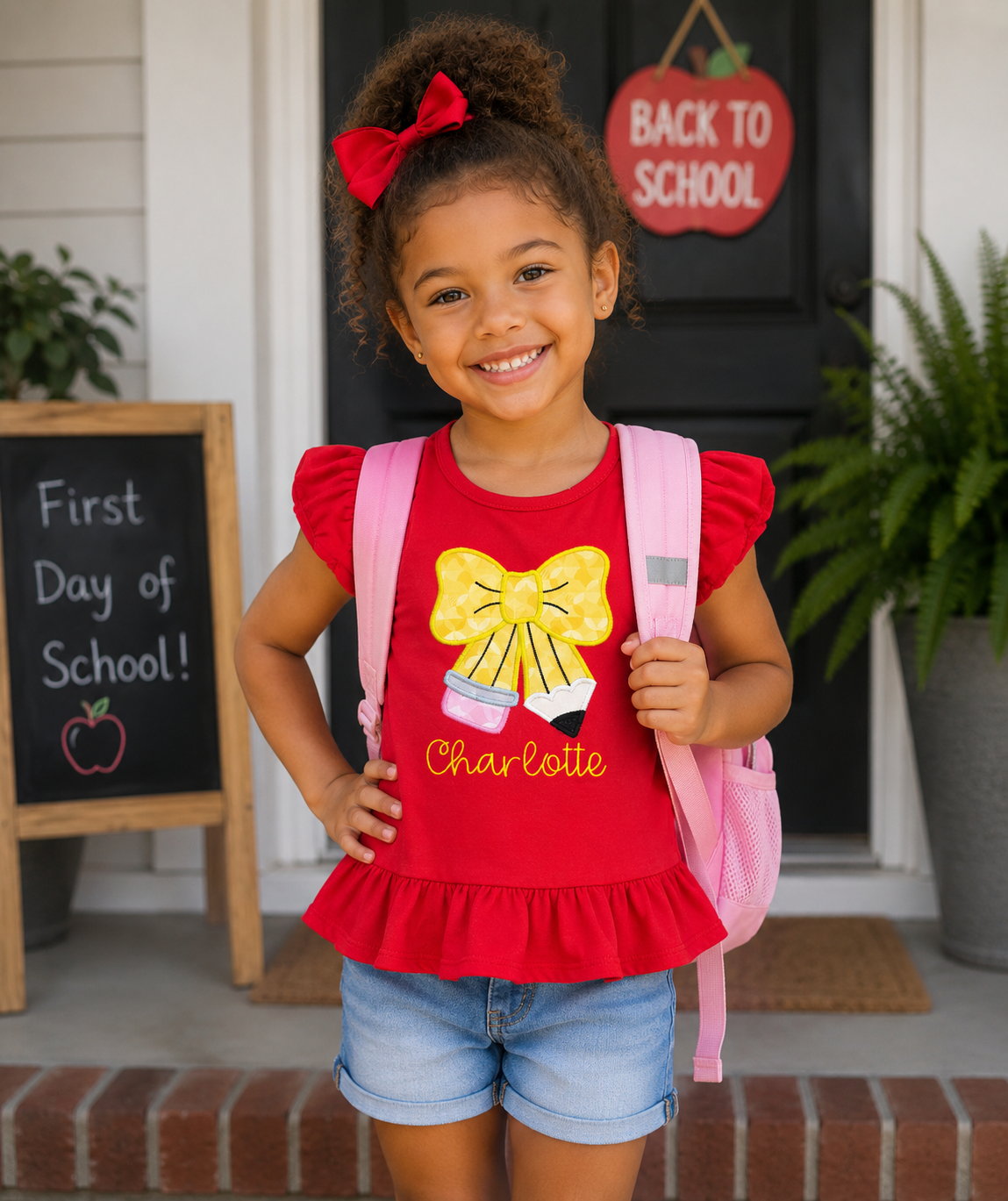 Girls Embroidered Pencil Bow Back to School Shirt