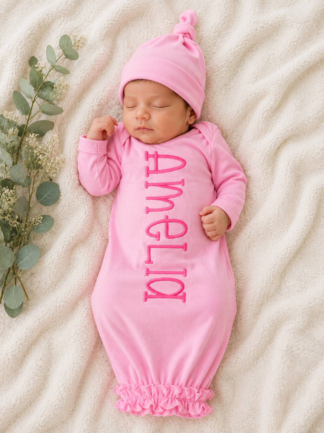 Ruffle Monogram Baby Gown and Hat Set