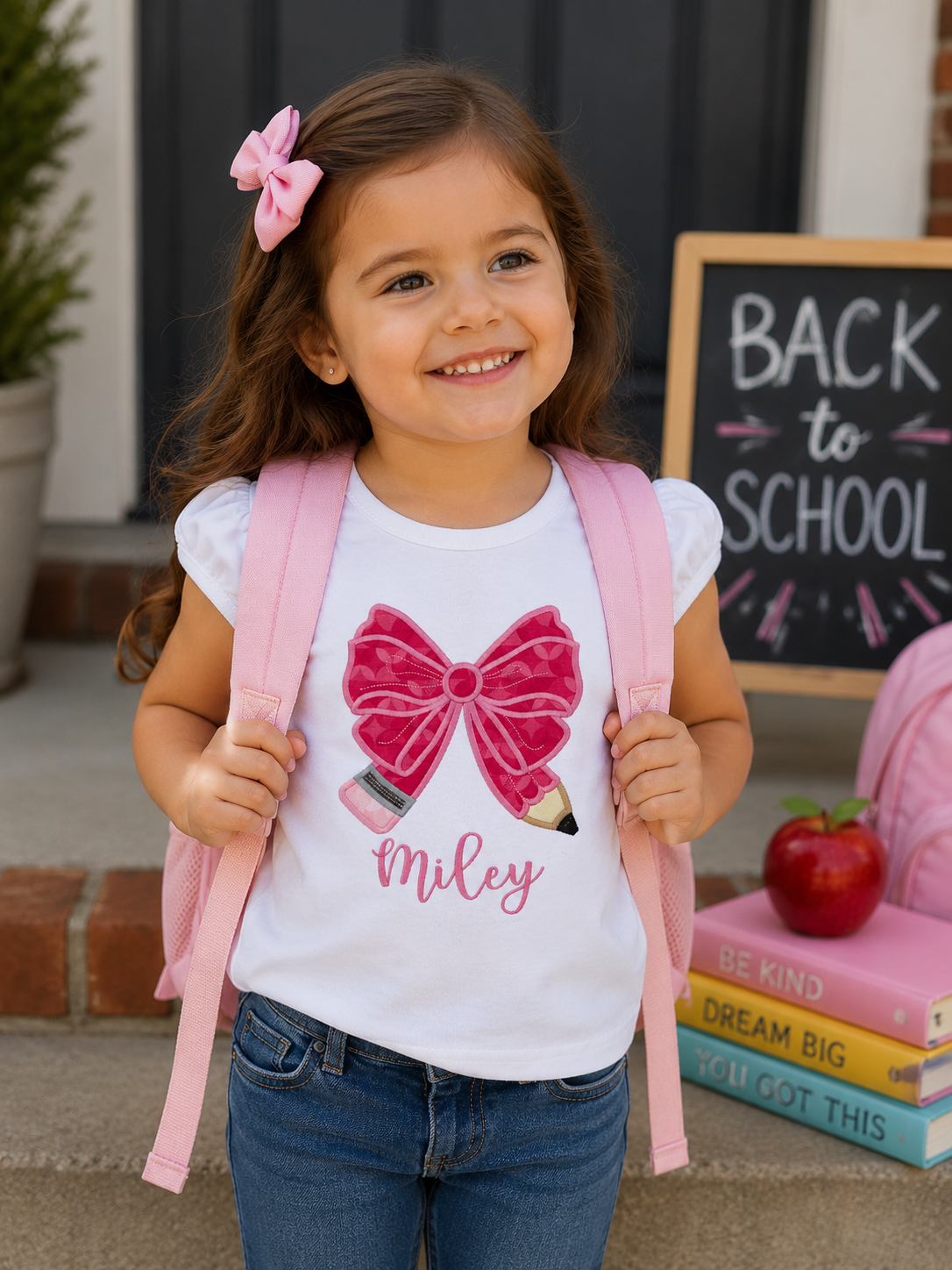 Girls Embroidered Pencil Bow Back to School Shirt