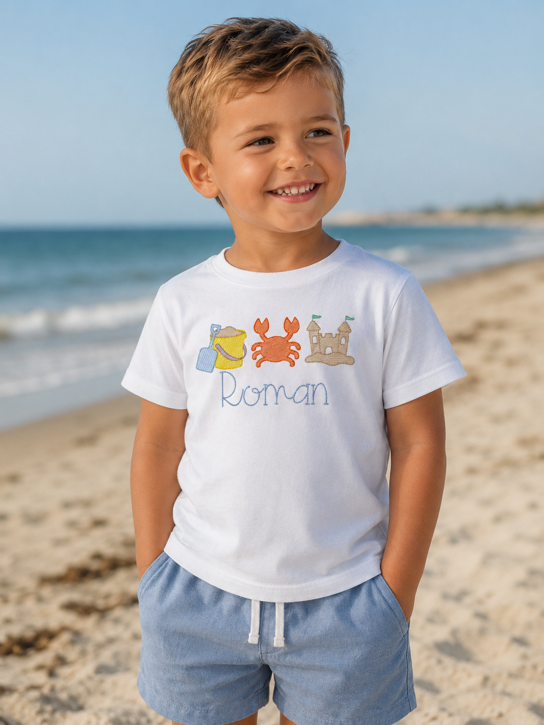 Boys Summer Beach Sand Crabs Embroidered Shirt