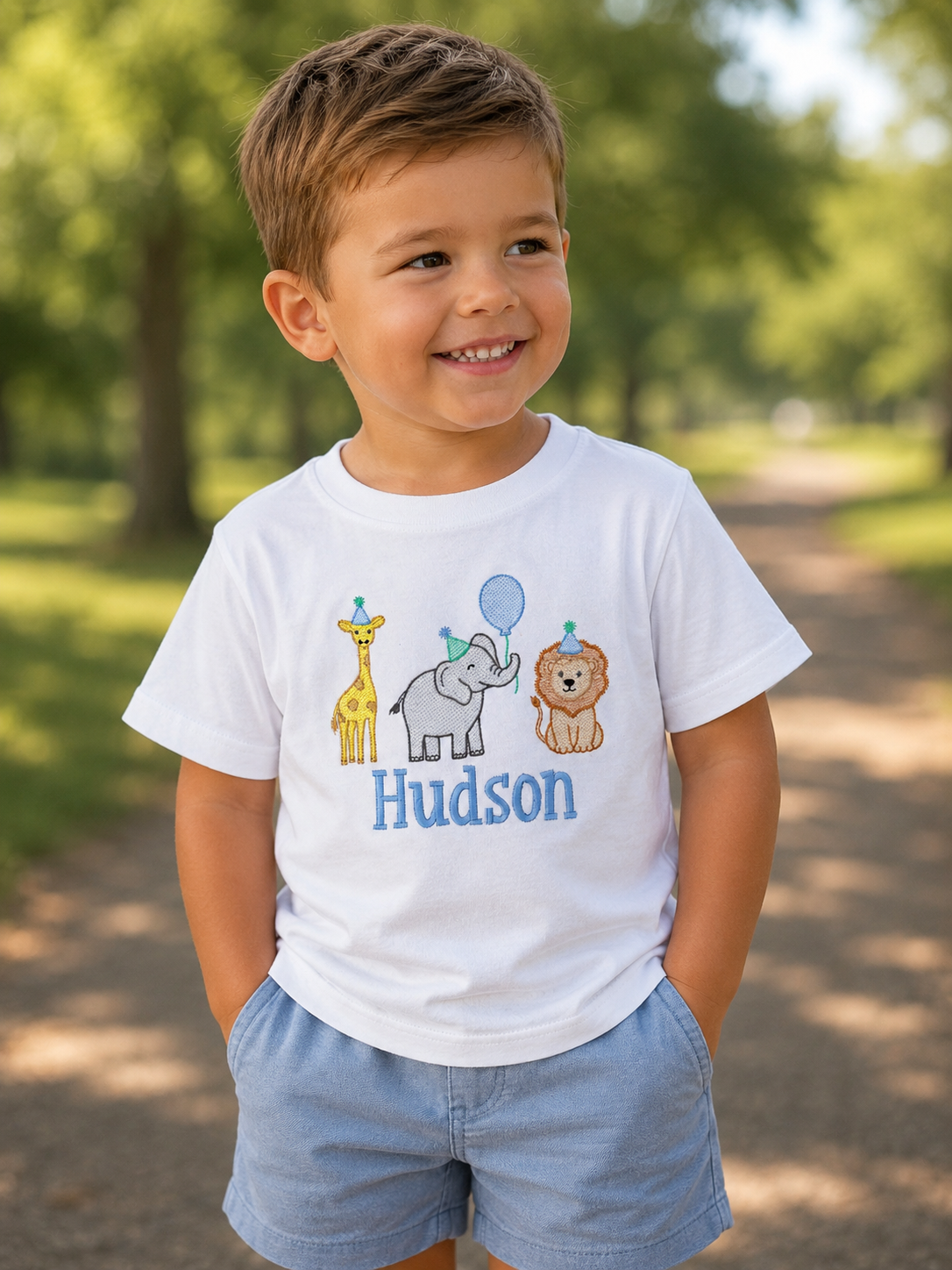 Boys Party Zoo Animals Embroidered Birthday Shirt