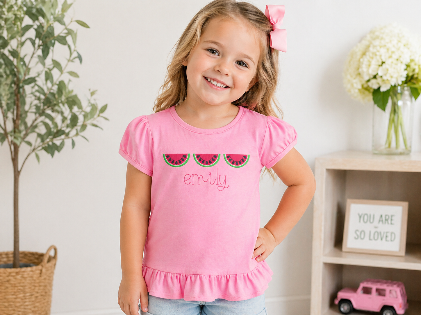 Girls Watermelon Monogram Embroidered Shirt