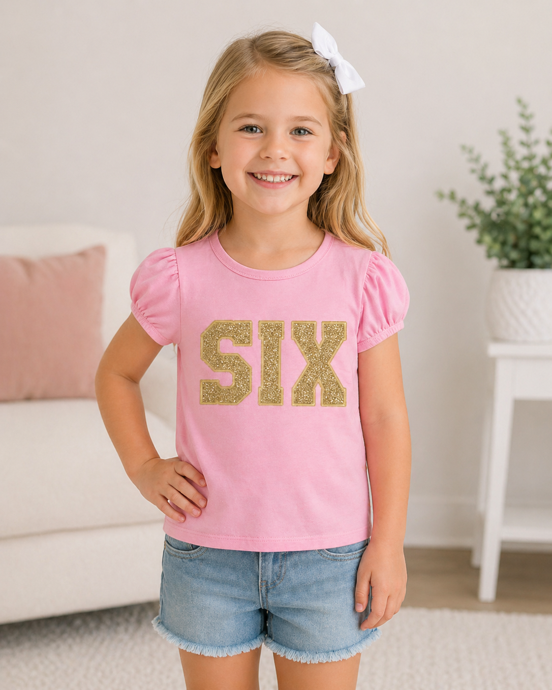 Girls Sixth Birthday Glitter Embroidered Shirt