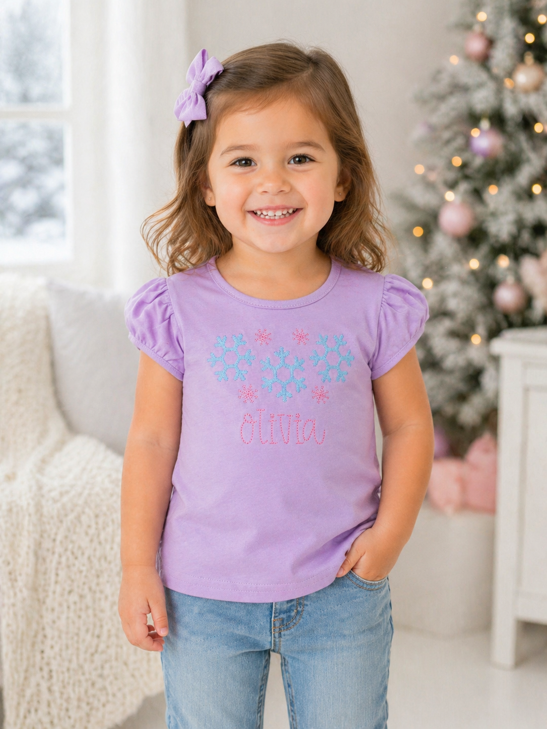 Girls Snowflakes Monogram Embroidered Shirt