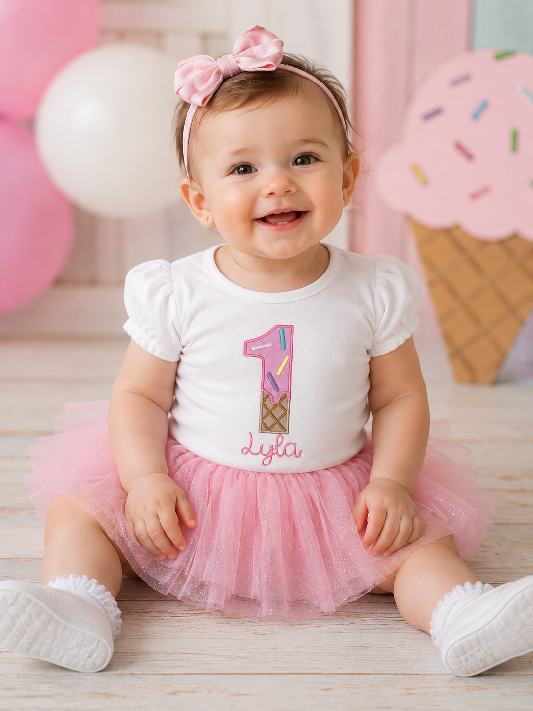 Girls 1st Birthday Ice cream Embroidered Shirt