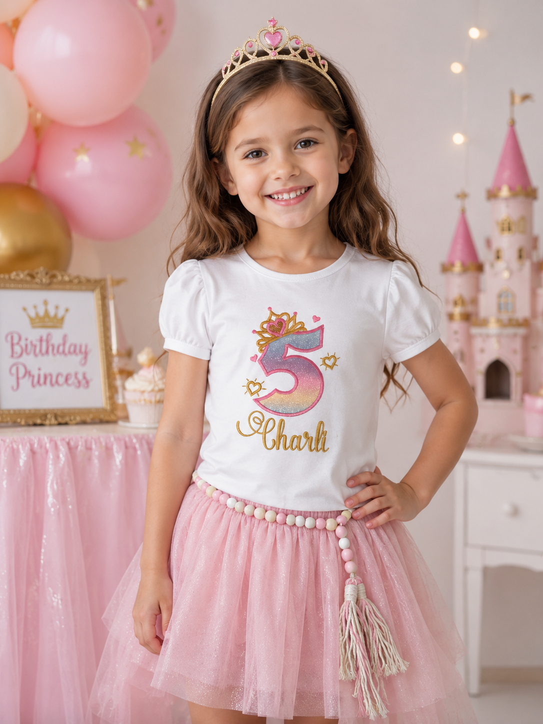 Girls 5th Birthday Princess Embroidered Shirt