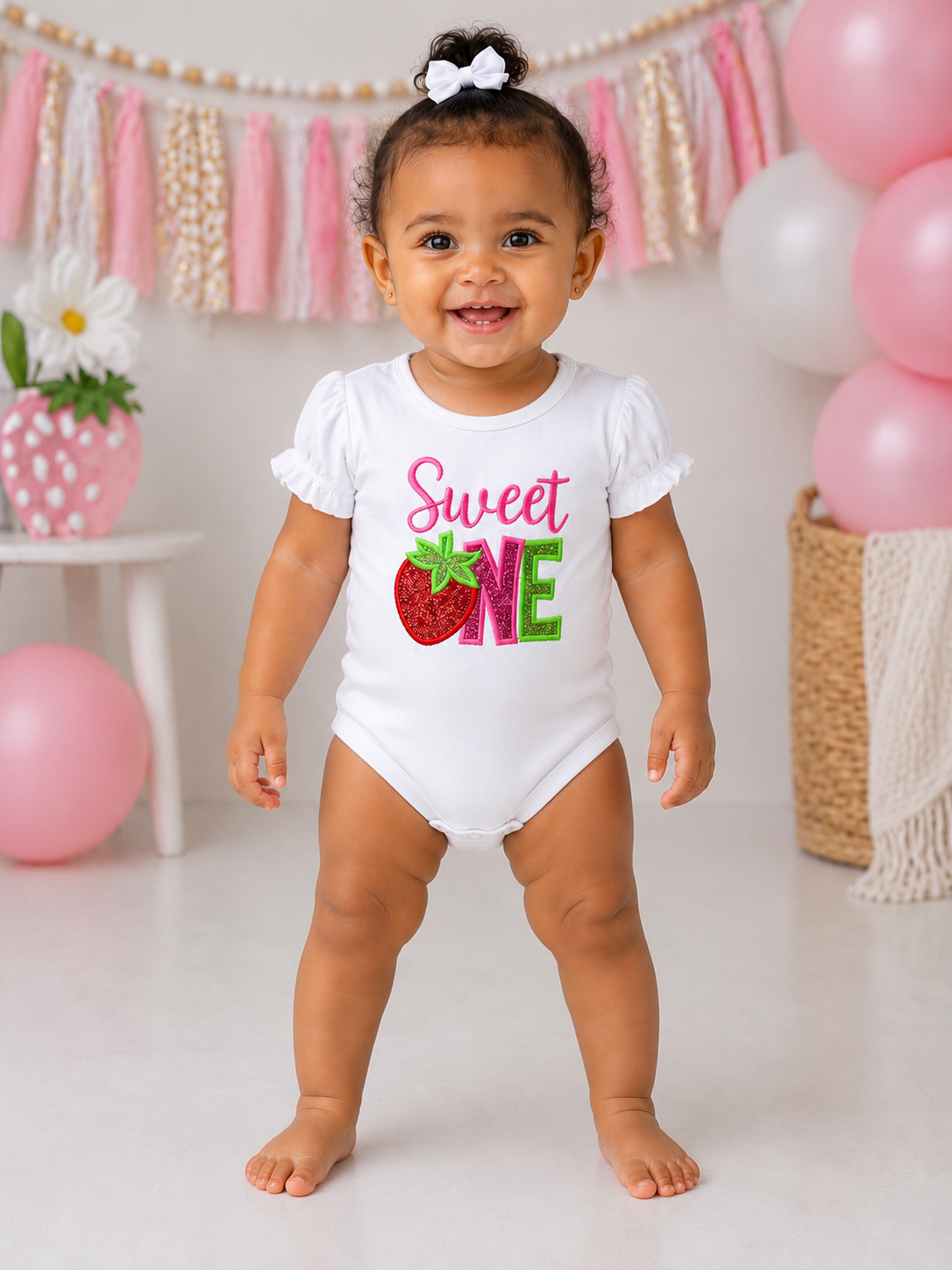 Girls Sweet One Birthday Embroidered Rainbow Ruffle Bodysuit