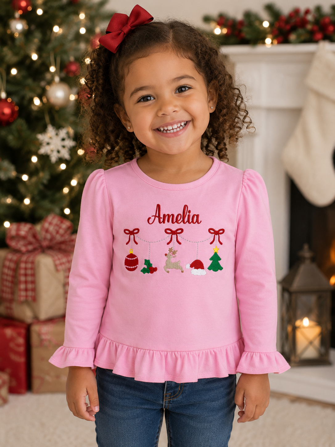 Girls Christmas Ornaments Embroidered Long Shirt