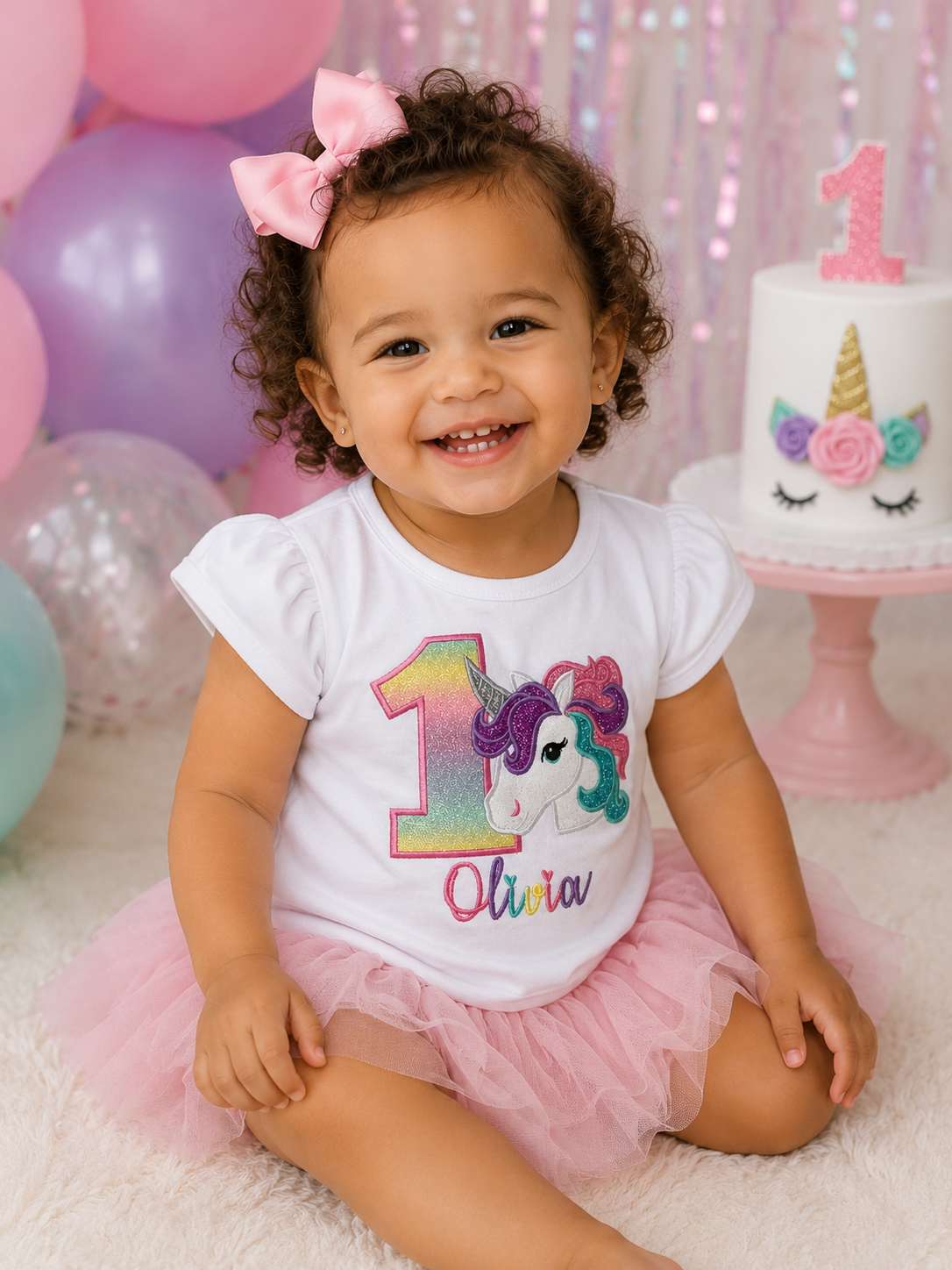 Girls 1st Birthday Unicorn Embroidered Shirt