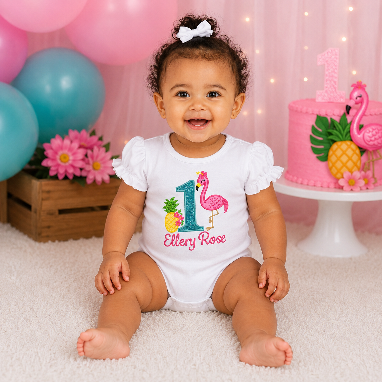 Girls 1st Birthday Flamingo Ruffle Embroidered Bodysuit