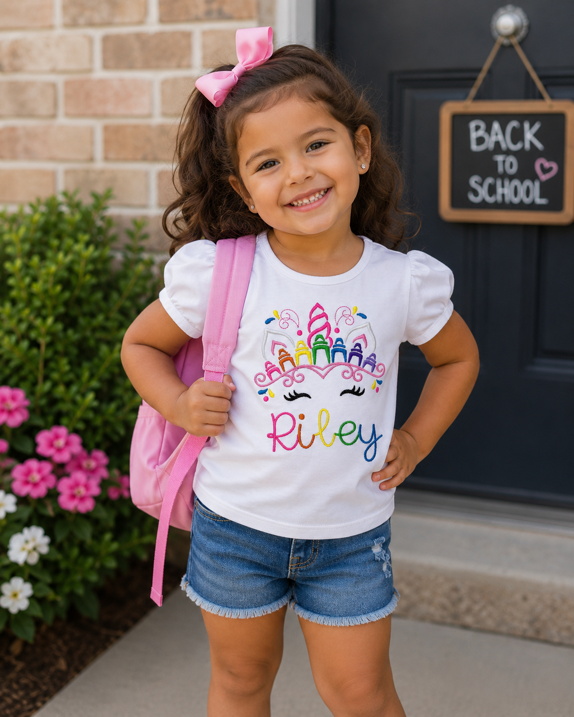 Girls Unicorn Crayon School Embroidered Shirt