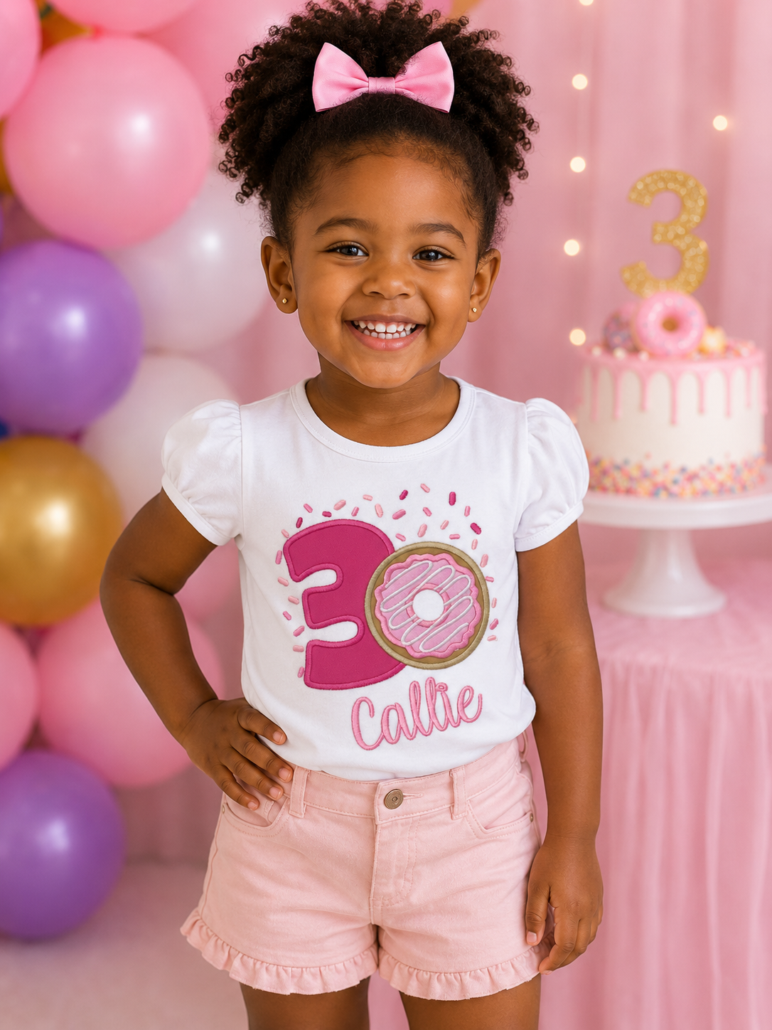 Girls Third Birthday Donut Embroidered Shirt