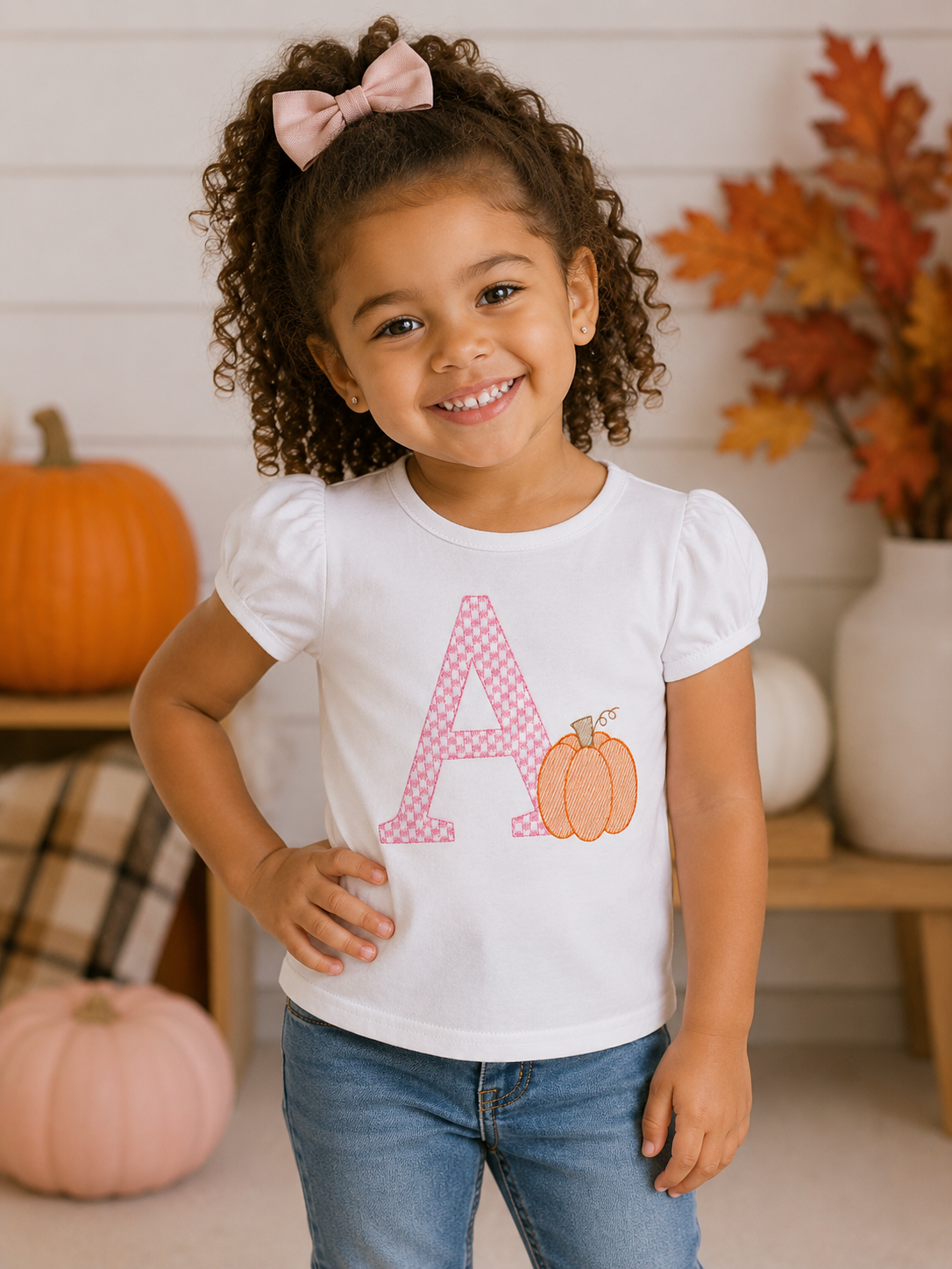 Girls Pumpkin Inital Embroidered Shirt