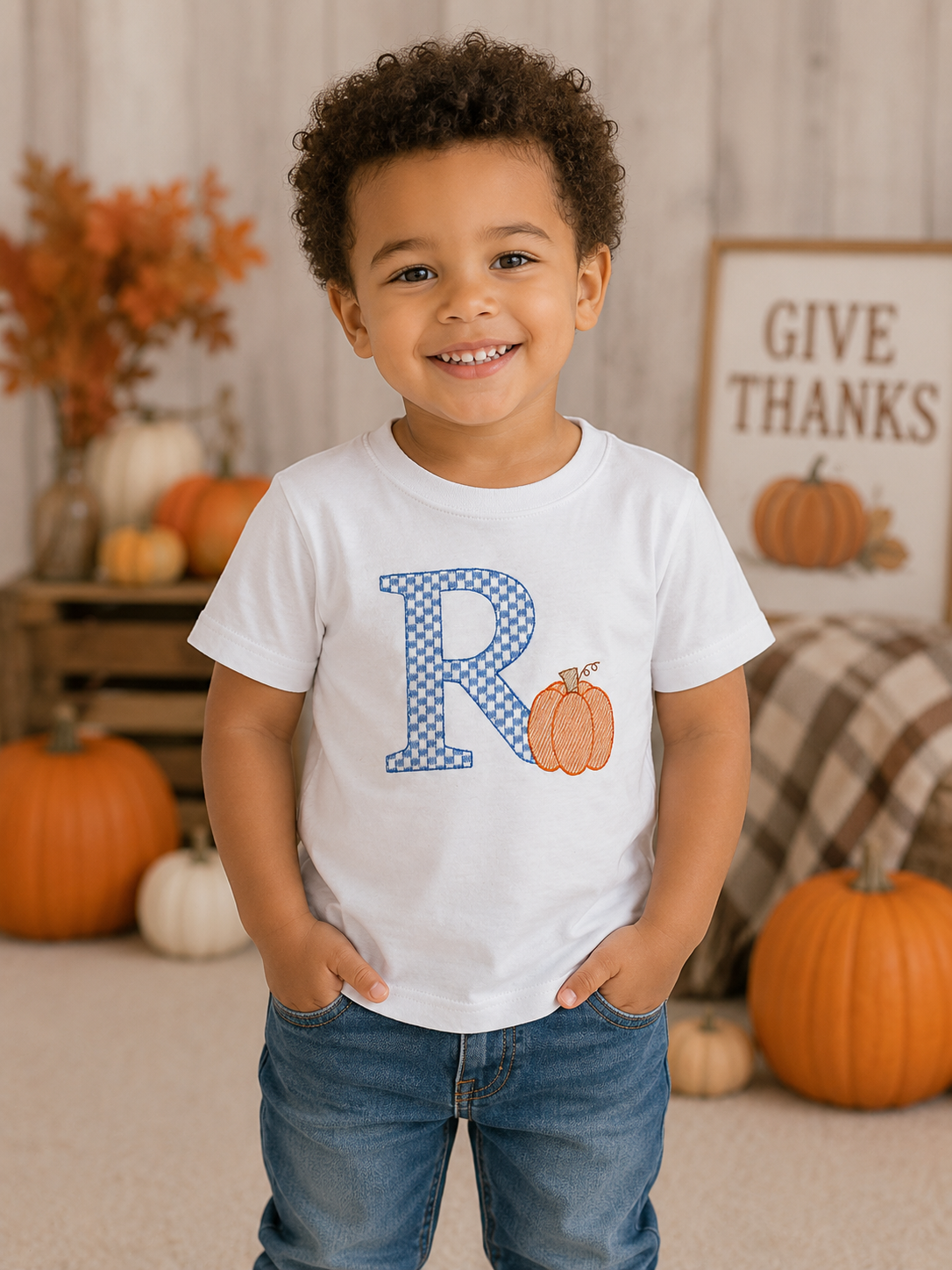 Boys Pumpkin Inital Embroidered Shirt