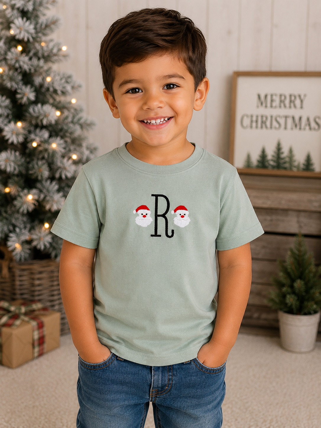 Boys Initial Santa Embroidered Shirt