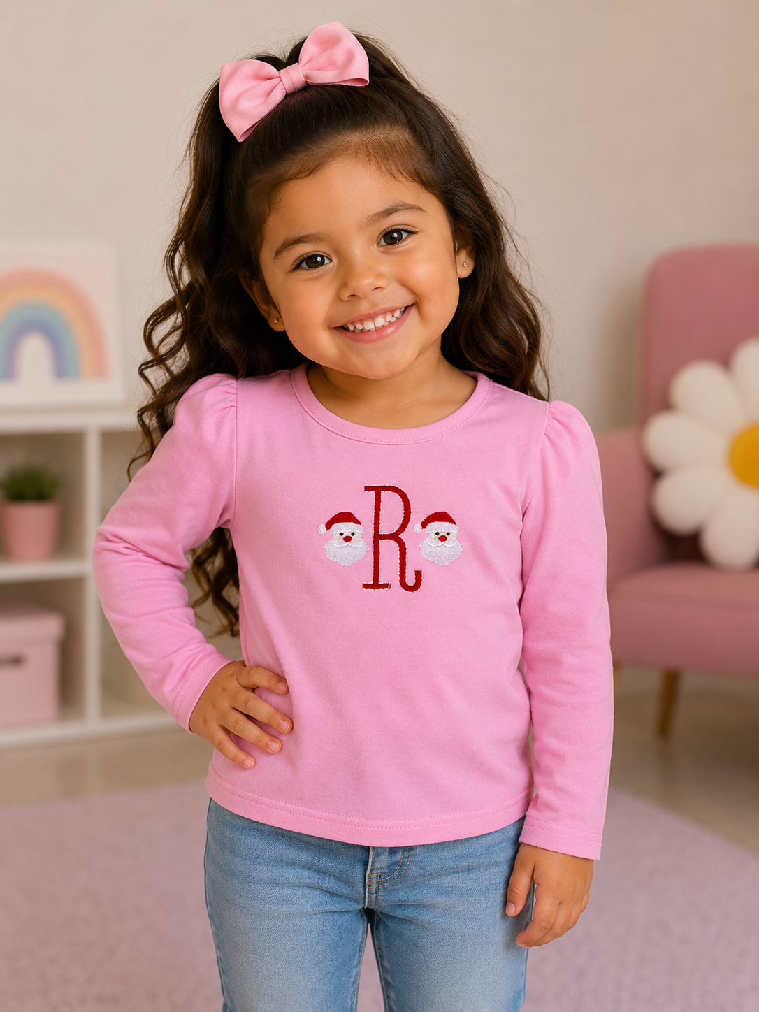 Girls Initial Santa Embroidered Shirt