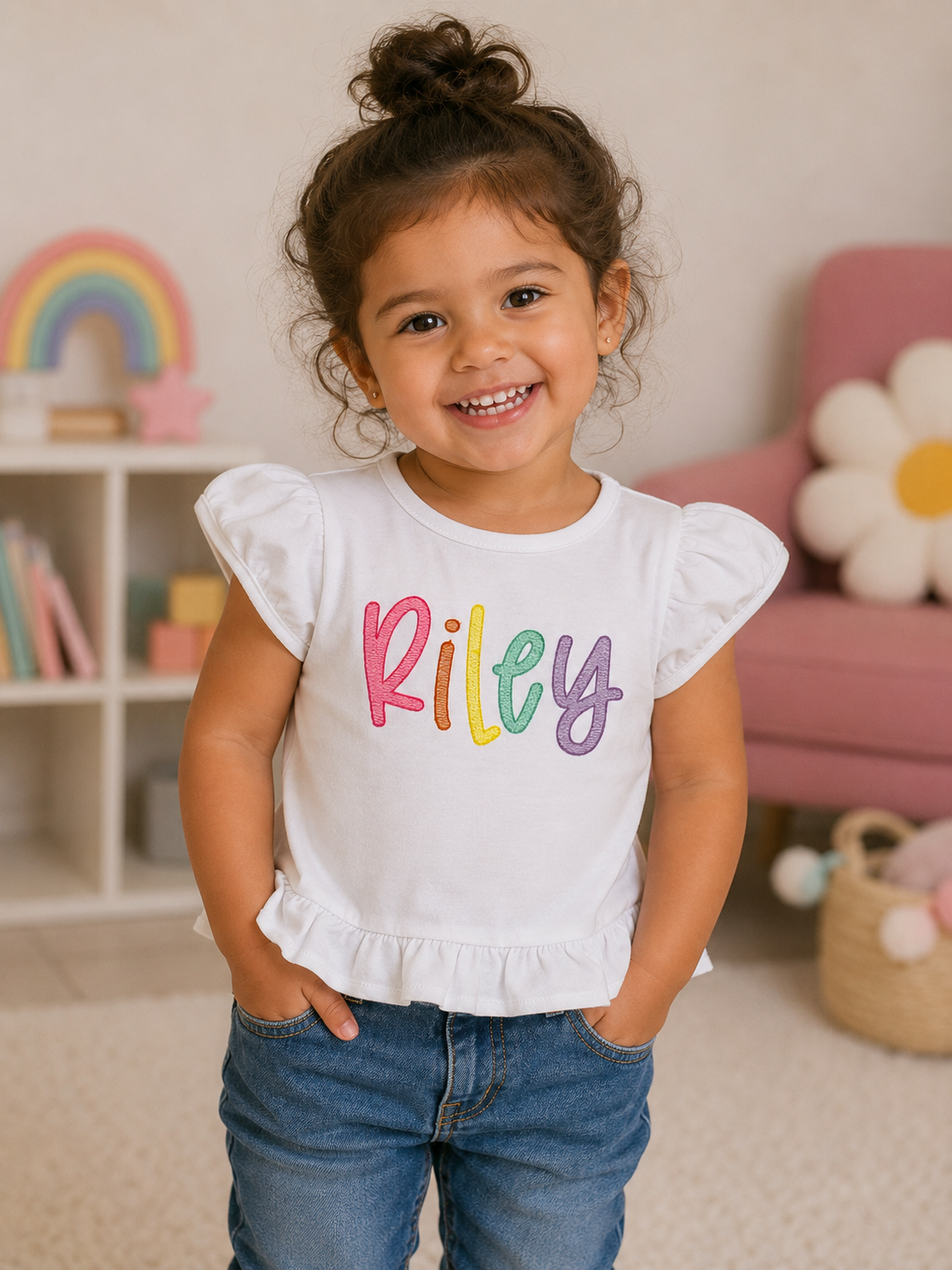 Girls Monogram Rainbow Embroidered Shirt