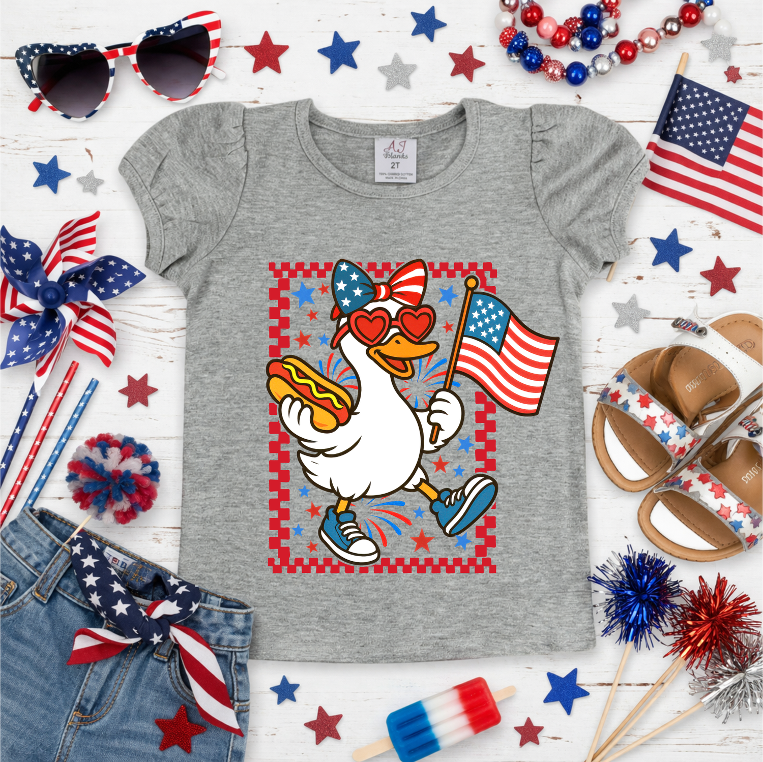 Girls 4th of July Duck with Bow Shirt