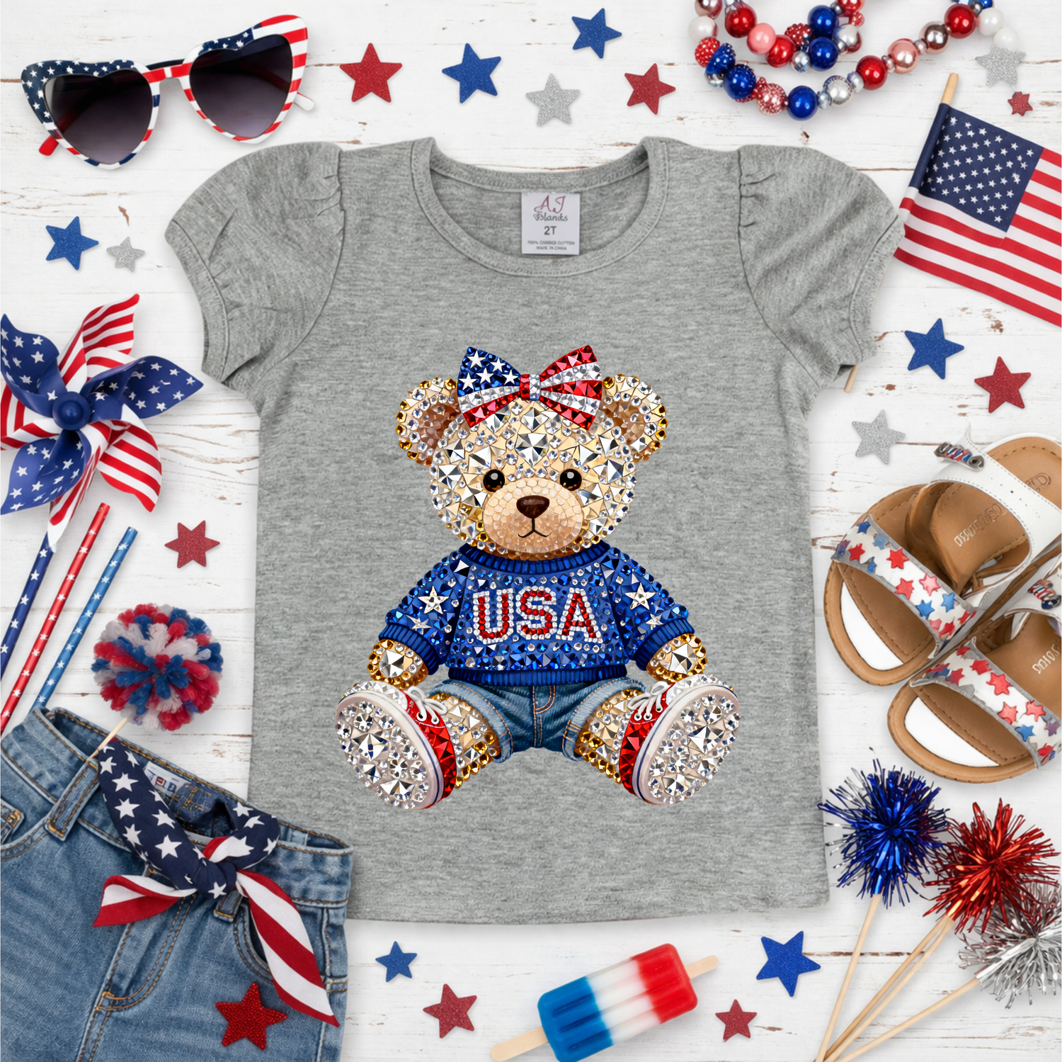 Girls USA Bear 4th of July Shirt