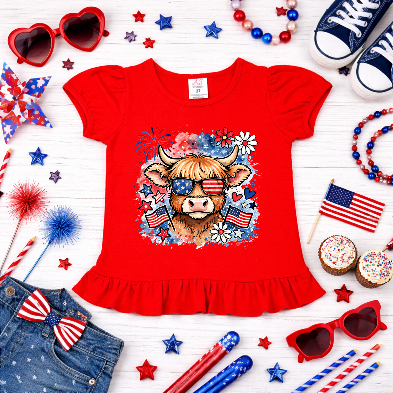 Girls Patriotic Cow Shirt